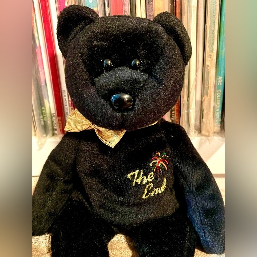 TY Beanie Baby “The End” Bear 1999 Black Plush Gold Fireworks Rare Y2K New Year